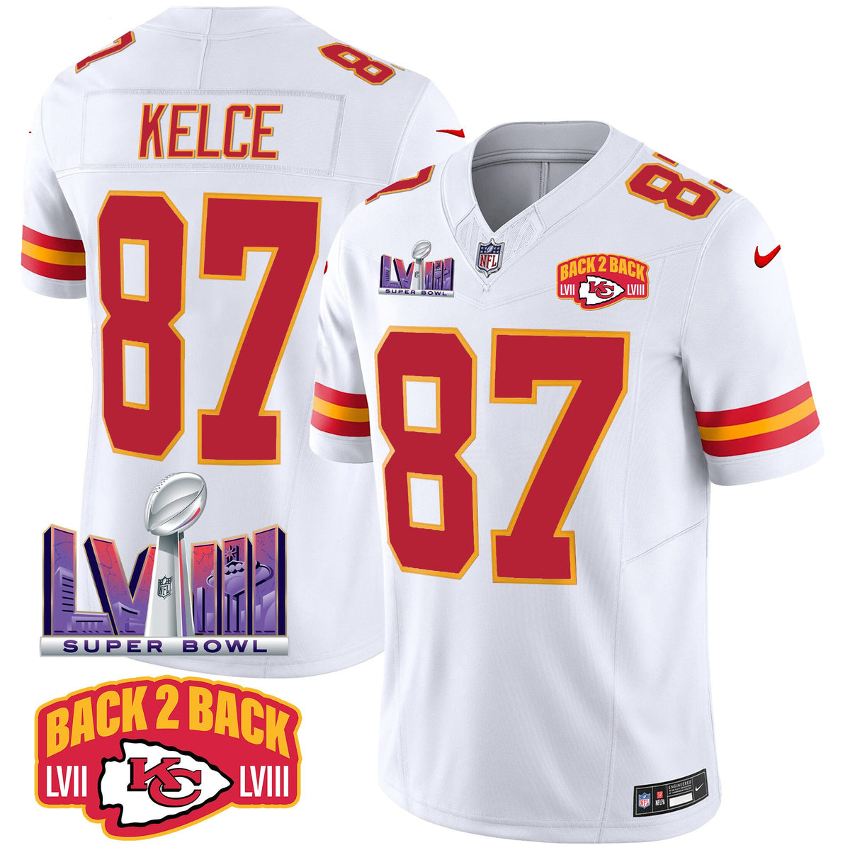 Men's Chiefs Super Bowl LVIII & Back 2 Back Patch Vapor Jersey - All Stitched - White - Travis Kelce — view 1