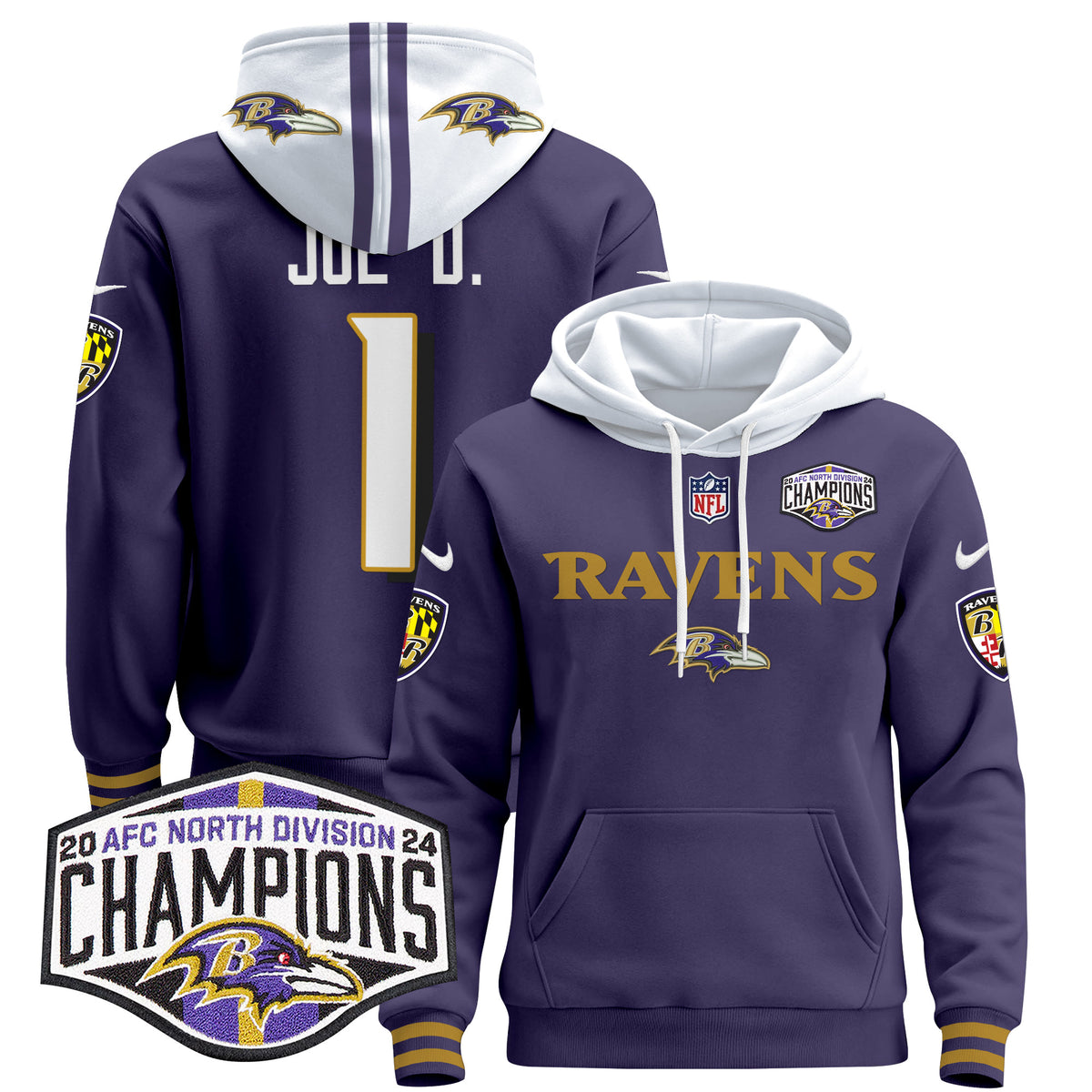 Men's Baltimore Ravens 2024 AFC North Division Champions Patch Pullover Hoodie - All Stitched - Purple - Joe D — view 1
