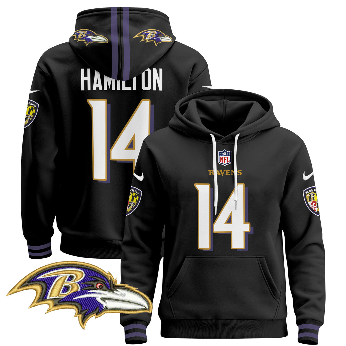 Men's Baltimore Ravens 2024 Pullover Hoodie V4 - All Stitched - Black - Kyle Hamilton — view 1