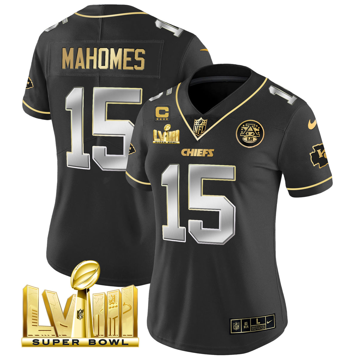 Women's Chiefs Super Bowl LVIII Gold Patch Vapor Jersey V4 - All Stitched - Black Limited - Patrick Mahomes — view 1