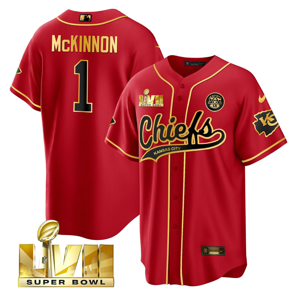 Youth's Chiefs Super Bowl LVII Cool base Jersey - All Stitched - Black Red - Jerick McKinnon — view 1