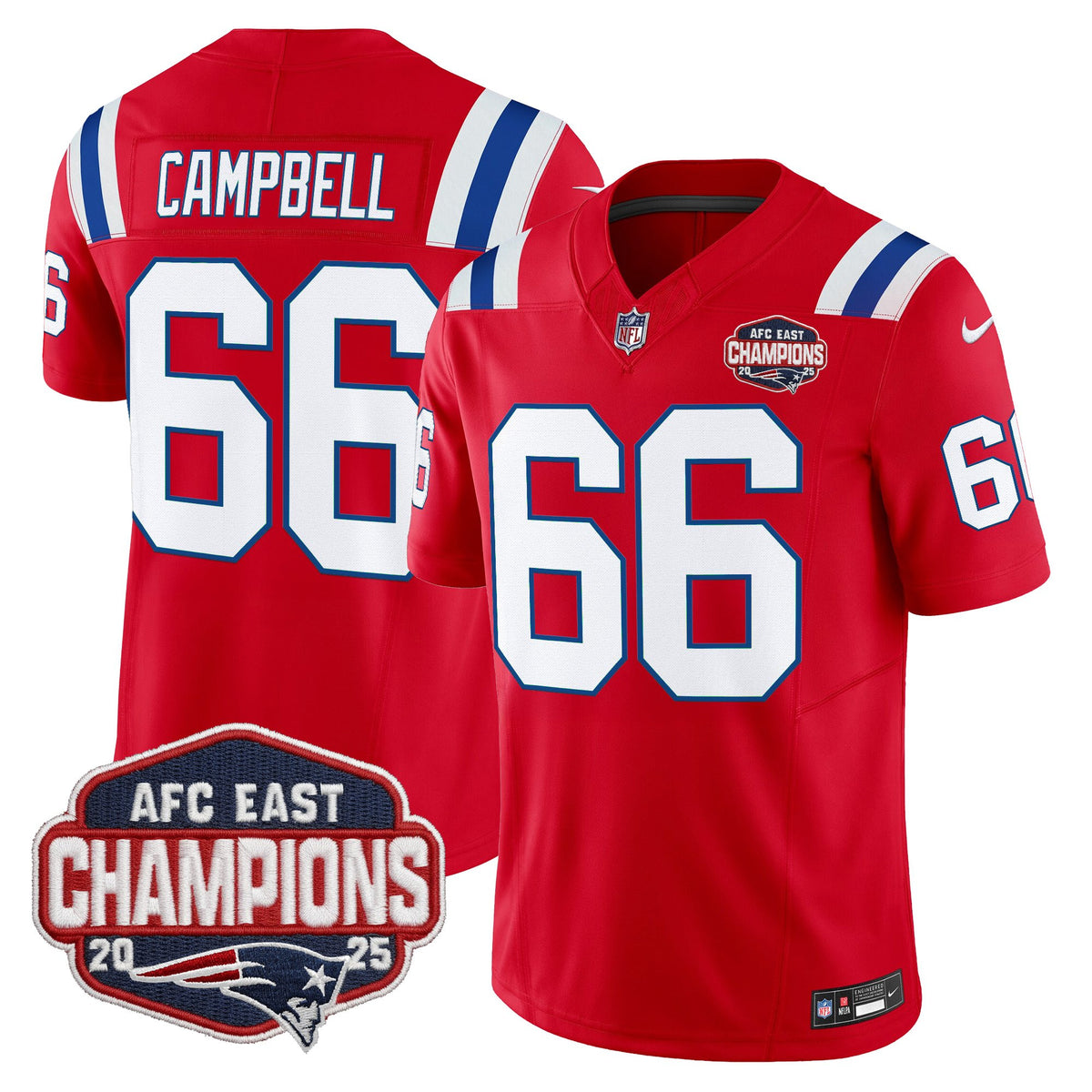 Men's New England Patriots 2025 AFC East Division Champions Vapor Limited Jersey - All Stitched - Red - Will Campbell — view 1