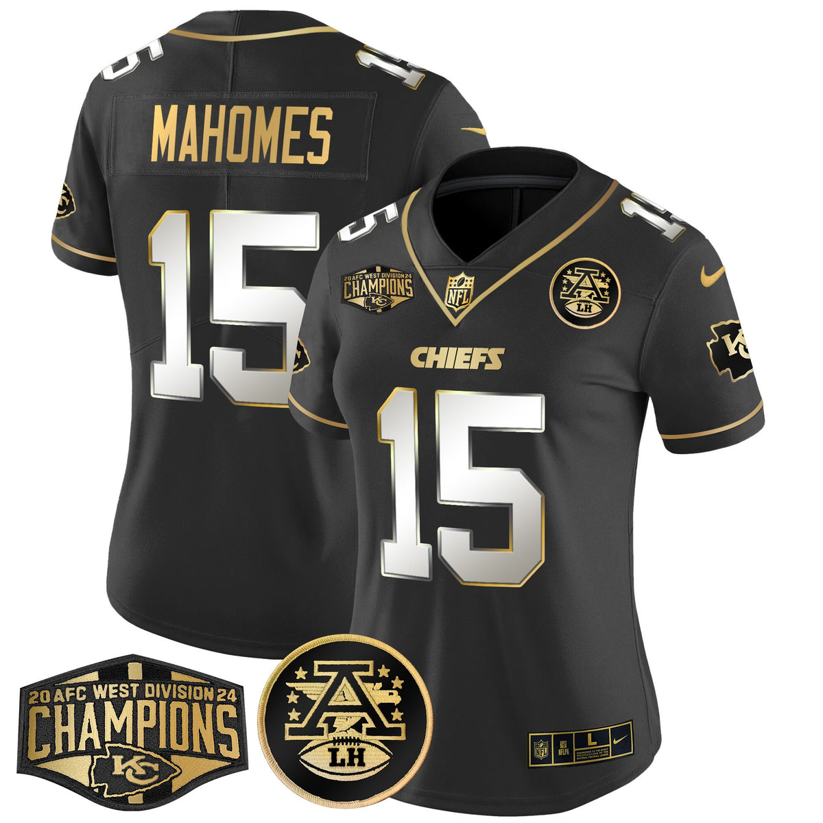 Women's Chiefs 2024 AFC West Division Champions Patch Gold Vapor Limited Jersey - All Stitched - Black Limited - Patrick Mahomes — view 1