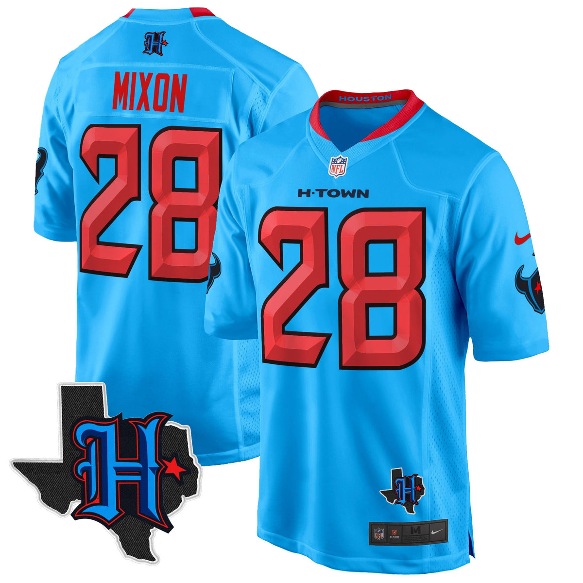 Men's Houston Texans 2024 Texas Patch Game Jersey - All Stitched - Blue - Joe Mixon — view 1