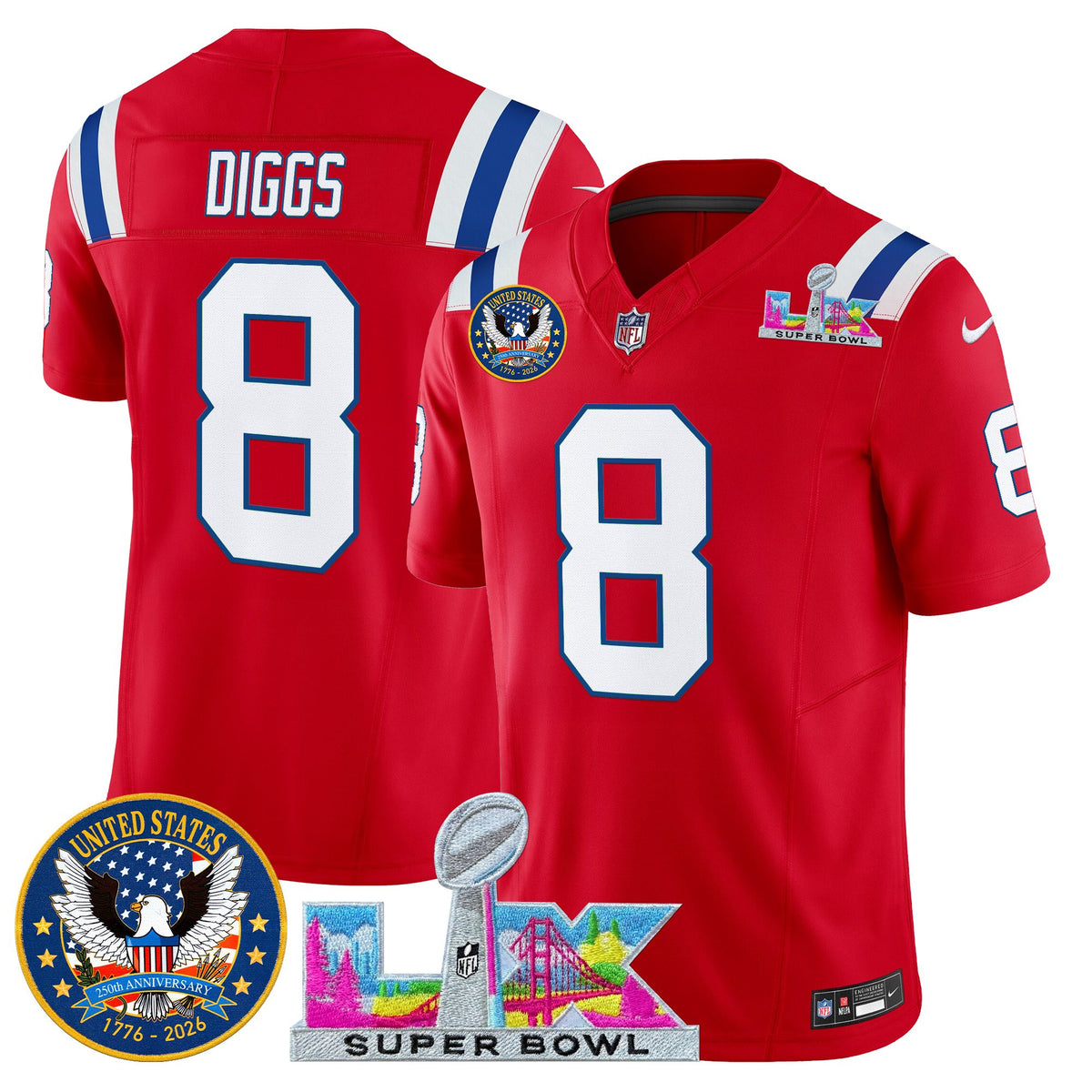 Men's New England Patriots Super Bowl LX & United States 250th Patch Vapor Limited Jersey - All Stitched - Red - Stefon Diggs — view 1