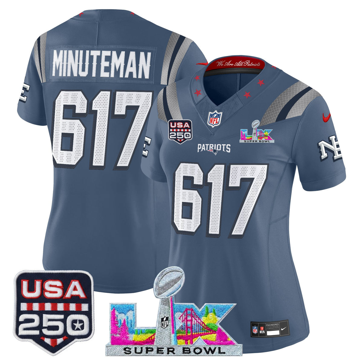Women's New England Patriots Super Bowl LX & United States 250th Anniversary Patch Vapor Limited Jersey - All Stitched - Storm Blue - Minuteman 617 — view 1