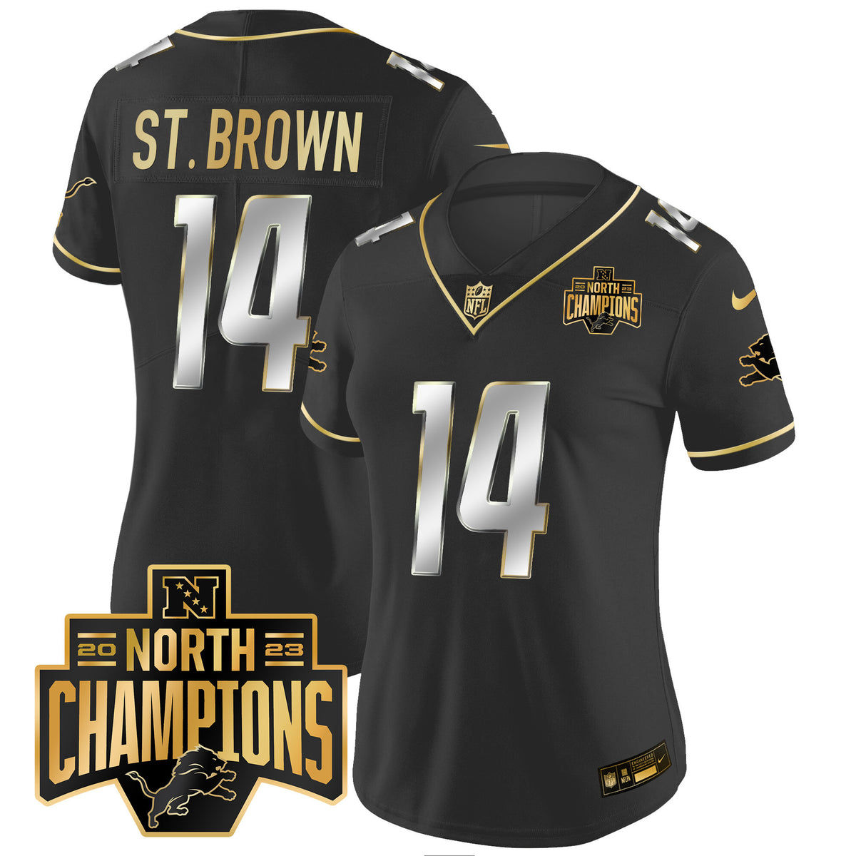 Women's Detroit Lions 2023 NFC North Division Champions Patch Vapor Gold Jersey - All Stitched - Black Limited - St. Brown — view 1