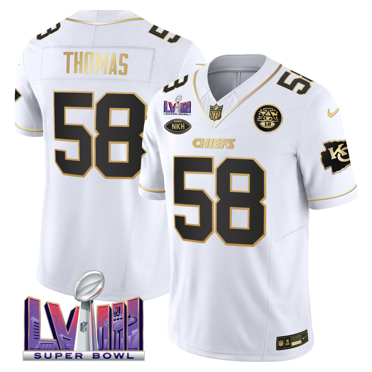 Men's Chiefs Super Bowl LVIII Patch Vapor Jersey V3 - All Stitched - White Gold - Derrick Thomas — view 1