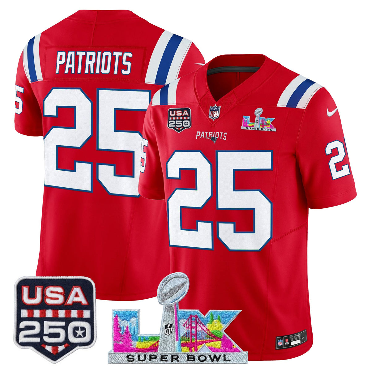 Men's New England Patriots Super Bowl LX & United States 250th Anniversary Patch Vapor Limited Jersey - All Stitched - Red - #25 Patriots — view 1