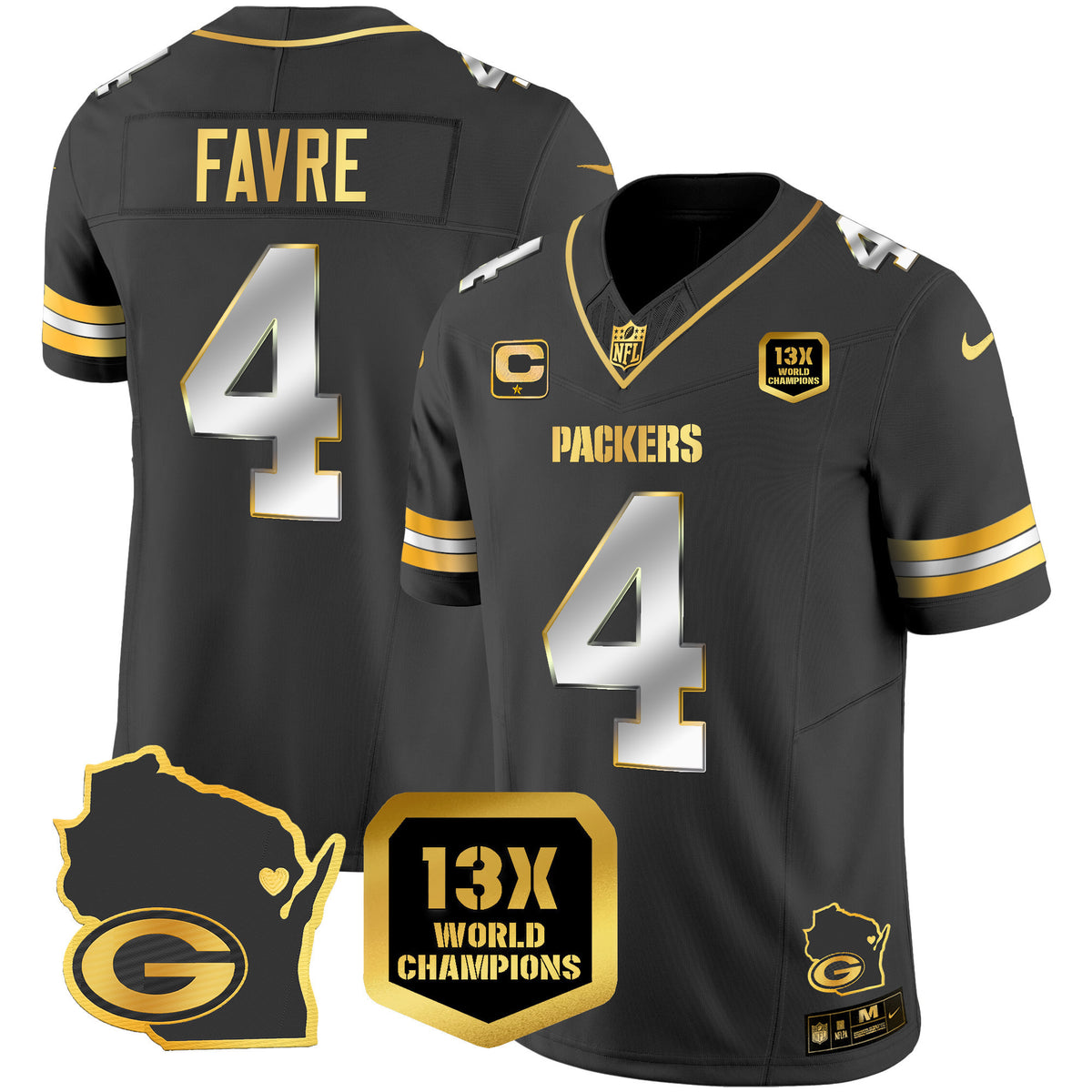 Men's Packers 13 Time World Champions & Home Patch Gold Vapor Jersey V2 – All Stitched - Black Limited - Brett Favre — view 1