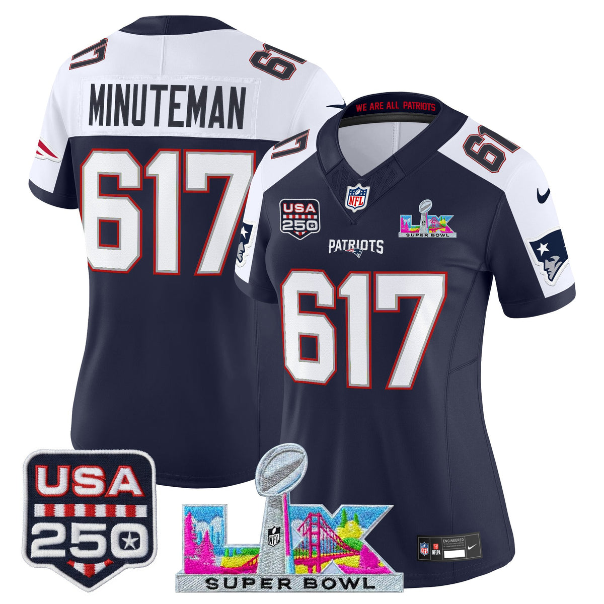 Women's New England Patriots Super Bowl LX & United States 250th Anniversary Patch Vapor Limited Jersey - All Stitched - Navy Alternate - Minuteman 617 — view 1