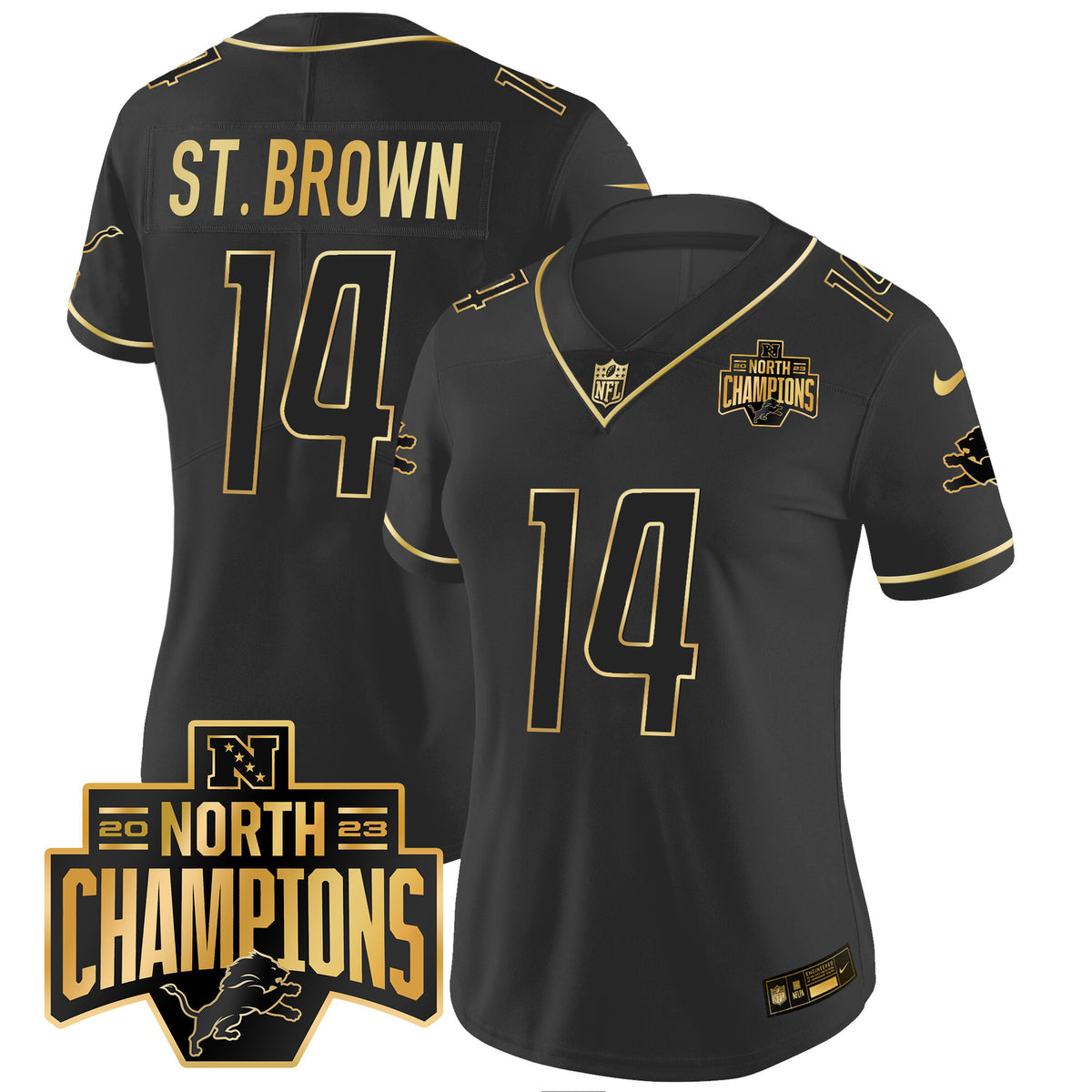 Women's Detroit Lions 2023 NFC North Division Champions Patch Vapor Gold Jersey - All Stitched - Black Gold - St. Brown — view 1