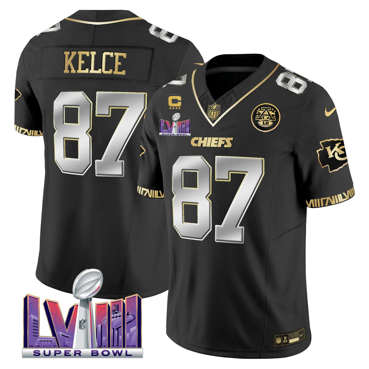 Men's Chiefs Super Bowl LVIII Pattern Vapor Jersey V2 - All Stitched - Black Limited - Travis Kelce — view 1