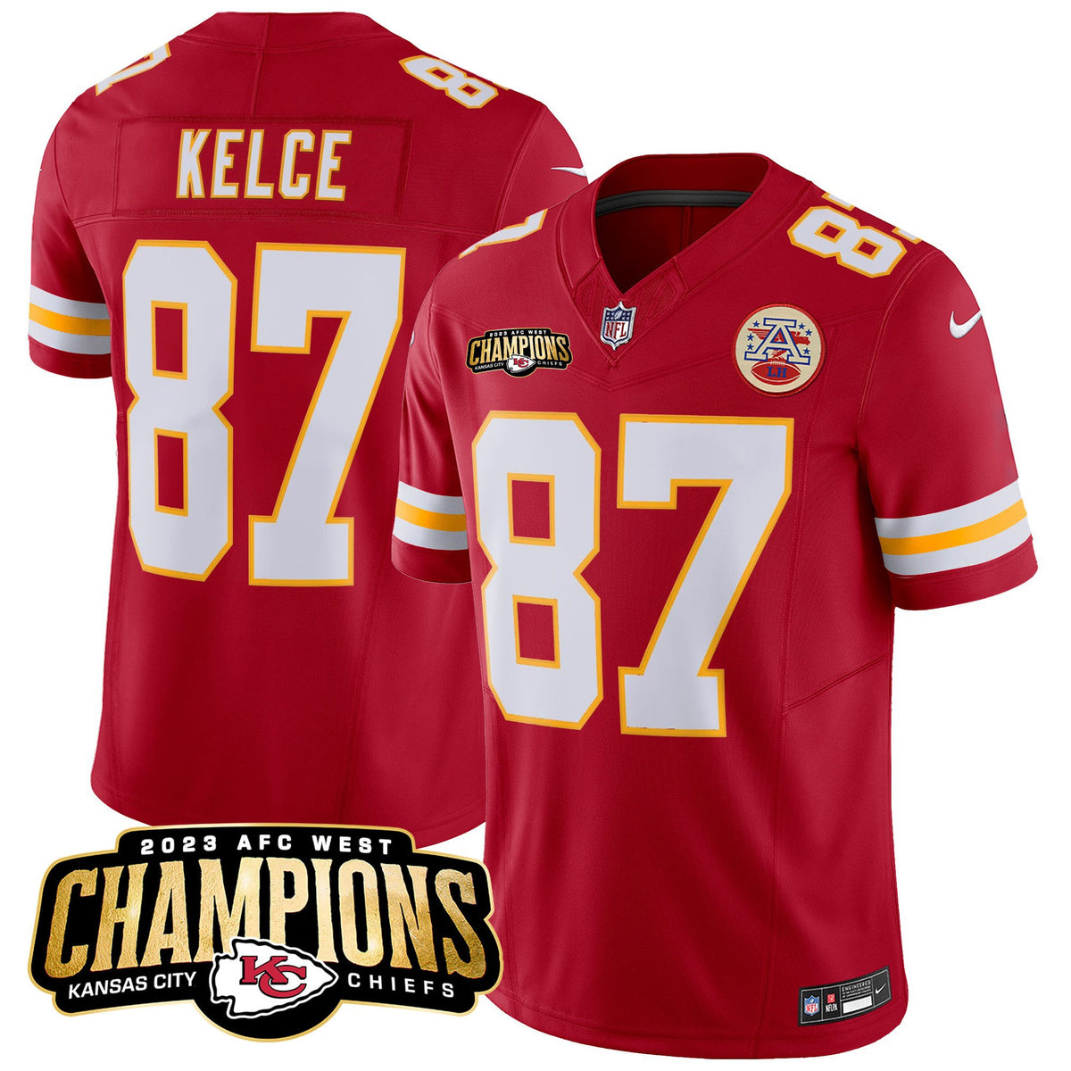 Men's Chiefs 2023 AFC West Champions Patch Vapor Limited Jersey V2 - All Stitched - Red - Travis Kelce — view 1