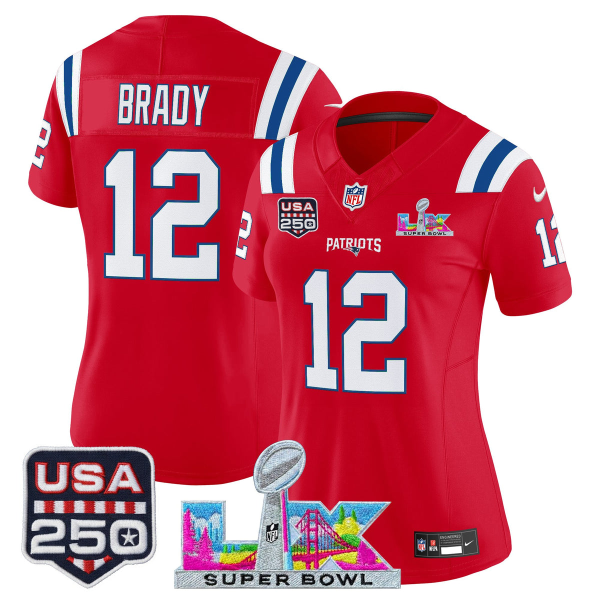 Women's New England Patriots Super Bowl LX & United States 250th Anniversary Patch Vapor Limited Jersey - All Stitched - Red - Tom Brady — view 1