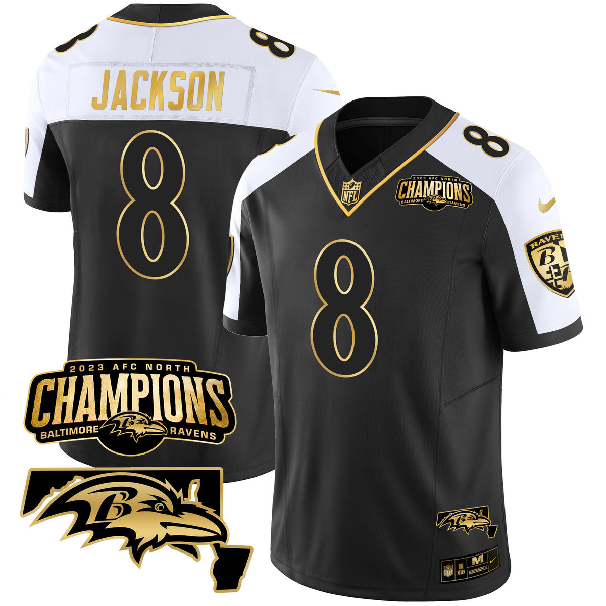 Men's Ravens 2023 AFC North Champions & Maryland Patch Gold Vapor Jersey - All Stitched - Alternate - Lamar Jackson — view 1
