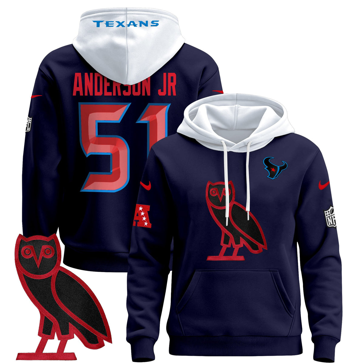 Men's Houston Texans OVO 2024 Pullover Hoodie - All Stitched - Navy Limited - Will Anderson Jr — view 1