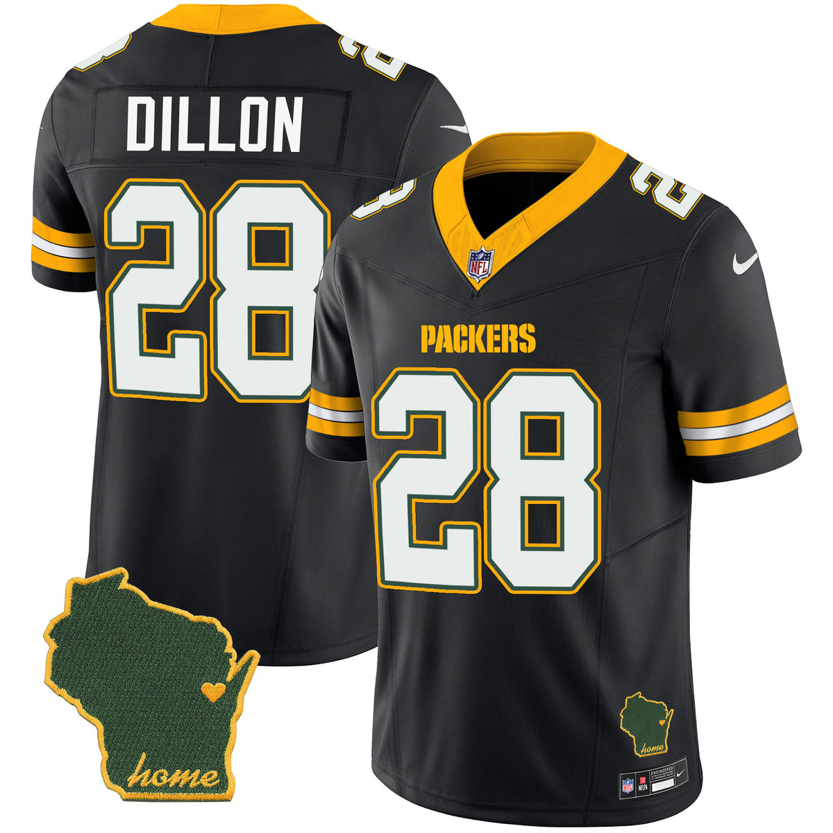 Men's Packers Home Patch Vapor Jersey V2 - All Stitched - Black - AJ Dillon — view 1