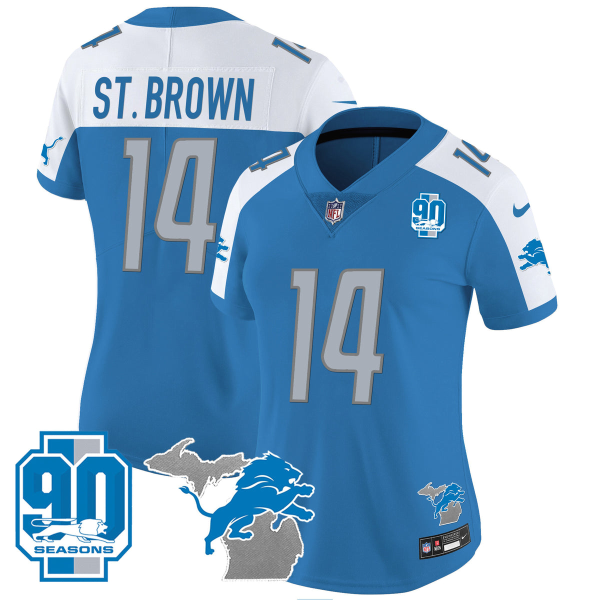 Women's Detroit Lions 90th Year & Michigan Patch Vapor Jersey - All Stitched - Blue Alternate - St. Brown — view 1