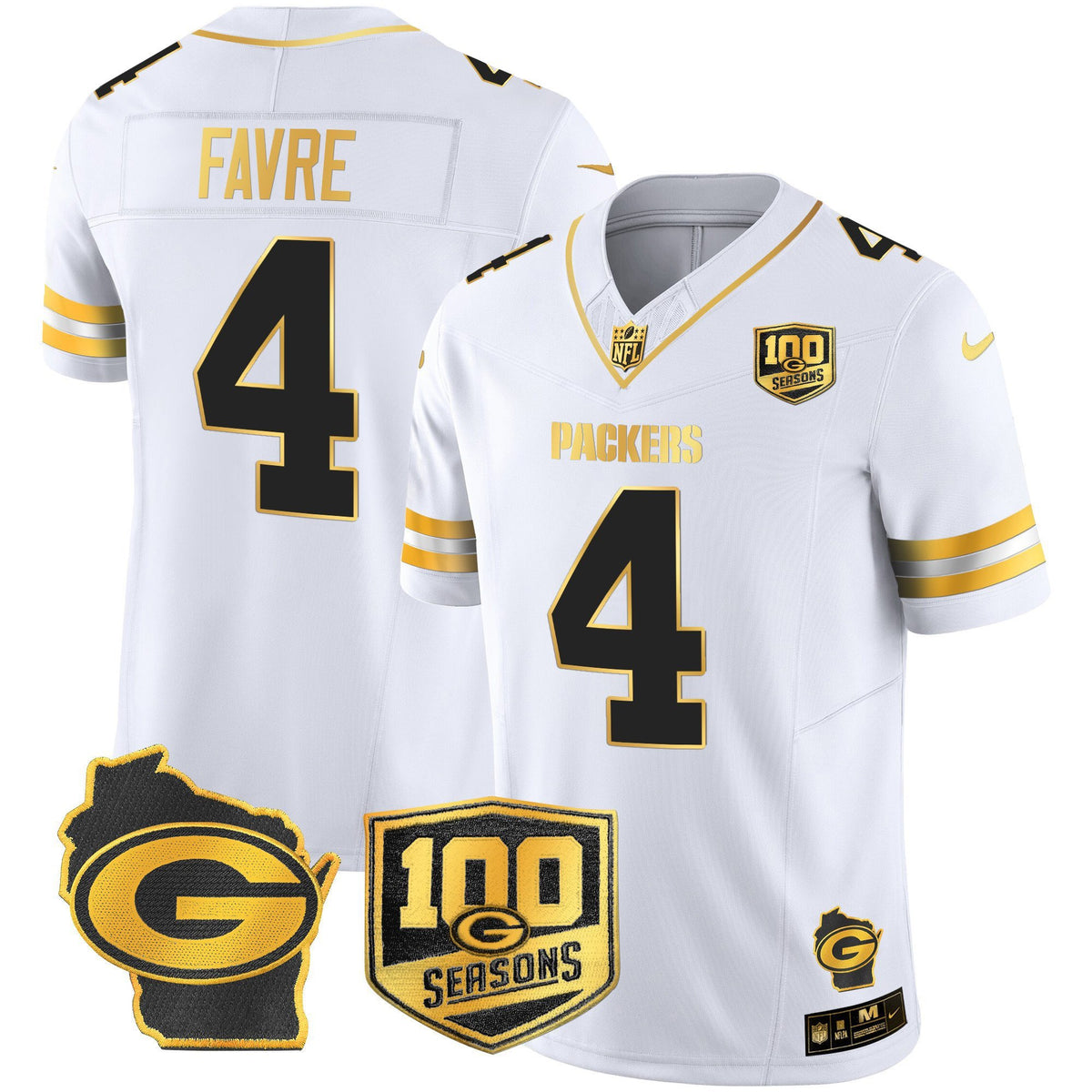 Men's Green Bay Packers 100th Season & Home Patch Gold Vapor Limited Jersey – All Stitched - White Gold - Brett Favre — view 1
