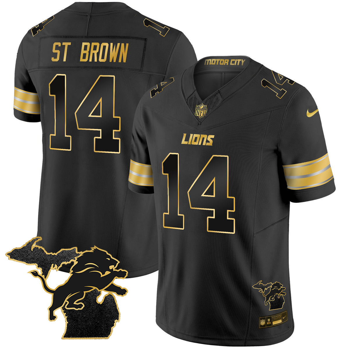 Men's Detroit Lions 2024 Michigan Patch Gold Vapor Jersey - All Stitched - Black Gold - St. Brown — view 1