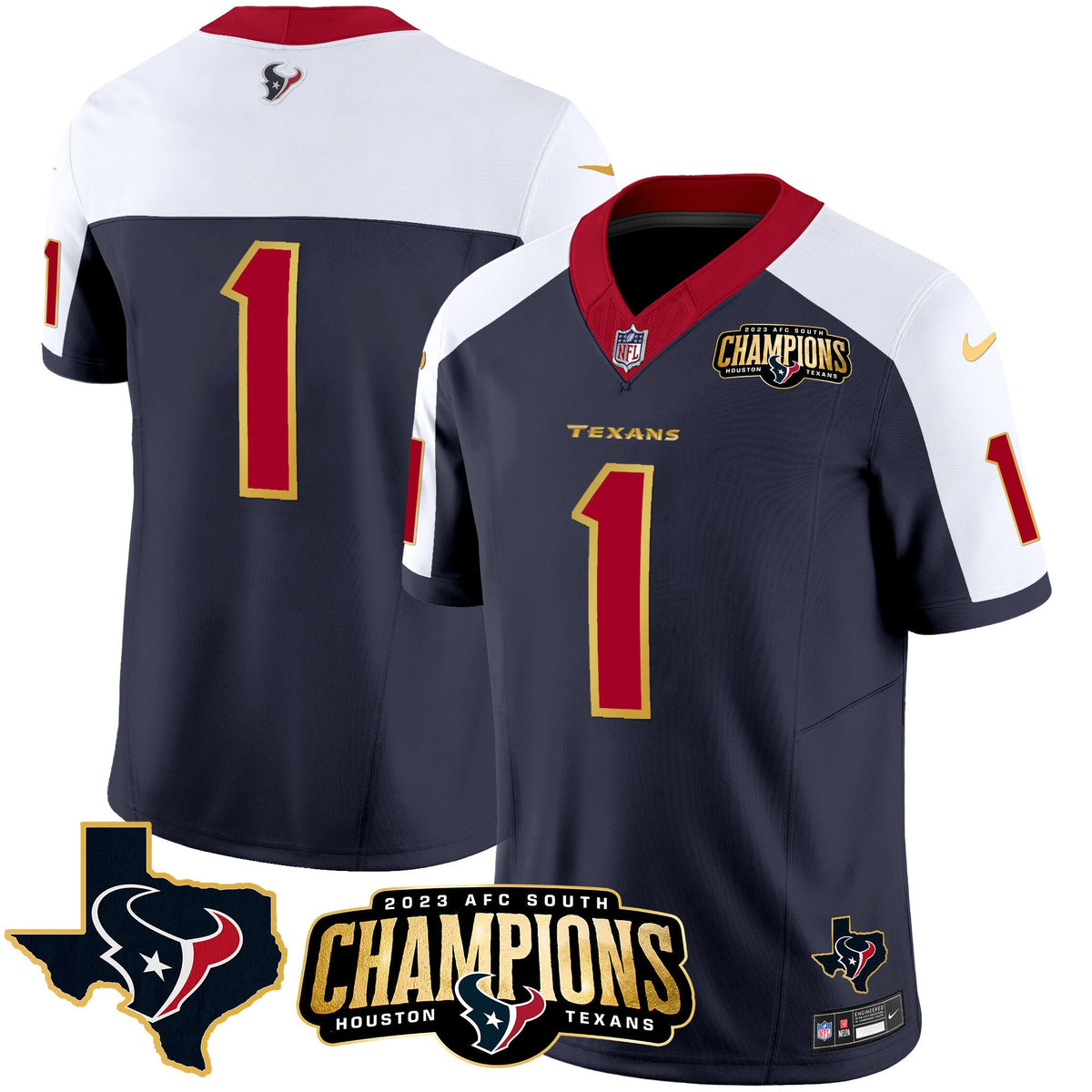 Men's Houston Texans 2023 AFC South Champions Patch Gold Trim Vapor Jersey - All Stitched - Alternate - #1 Team — view 1
