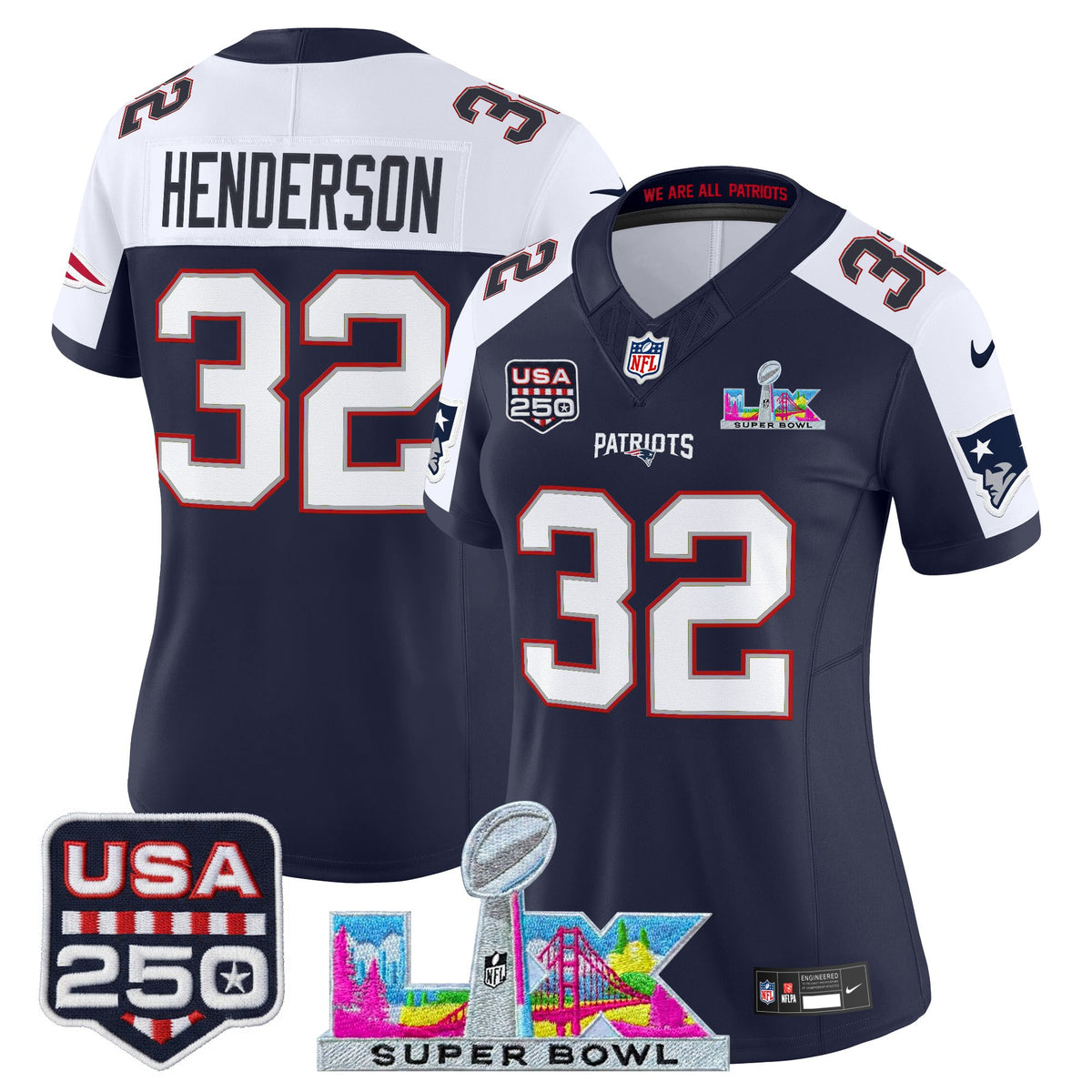 Women's New England Patriots Super Bowl LX & United States 250th Anniversary Patch Vapor Limite ~63b3501f - Navy Alternate - TreVeyon Henderson — view 1