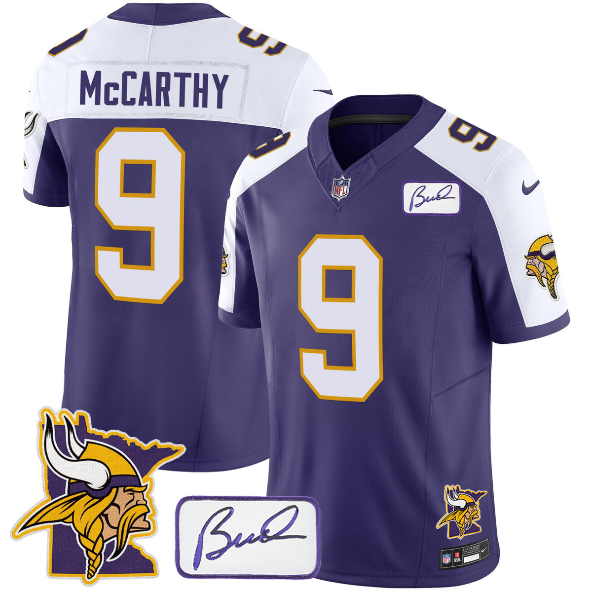 Men's Vikings Bud Grant & Minnesota Patch Classic Limited Jersey - All Stitched - Purple Alternate - J.J.Mccarthy — view 1
