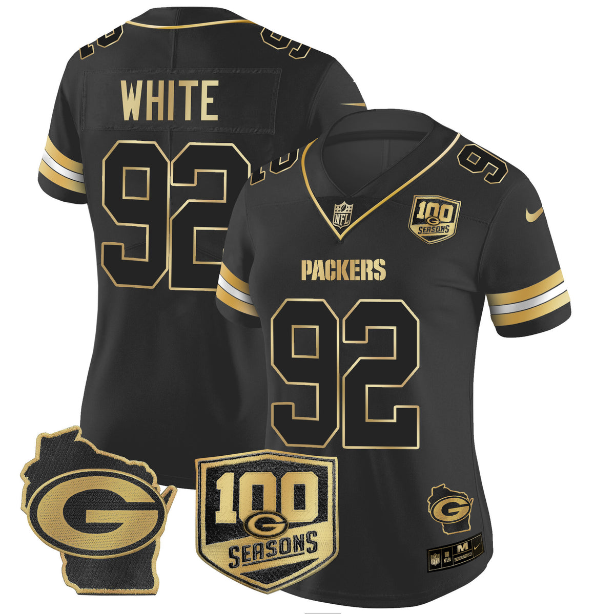 Women's Packers 100th Season & Home Patch Gold Vapor Limited Jersey – All Stitched - Black Gold - Reggie White — view 1