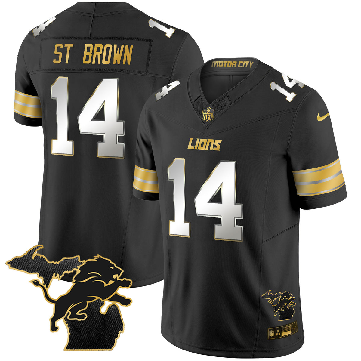 Men's Detroit Lions 2024 Michigan Patch Gold Vapor Jersey - All Stitched - Black Limited - St. Brown — view 1