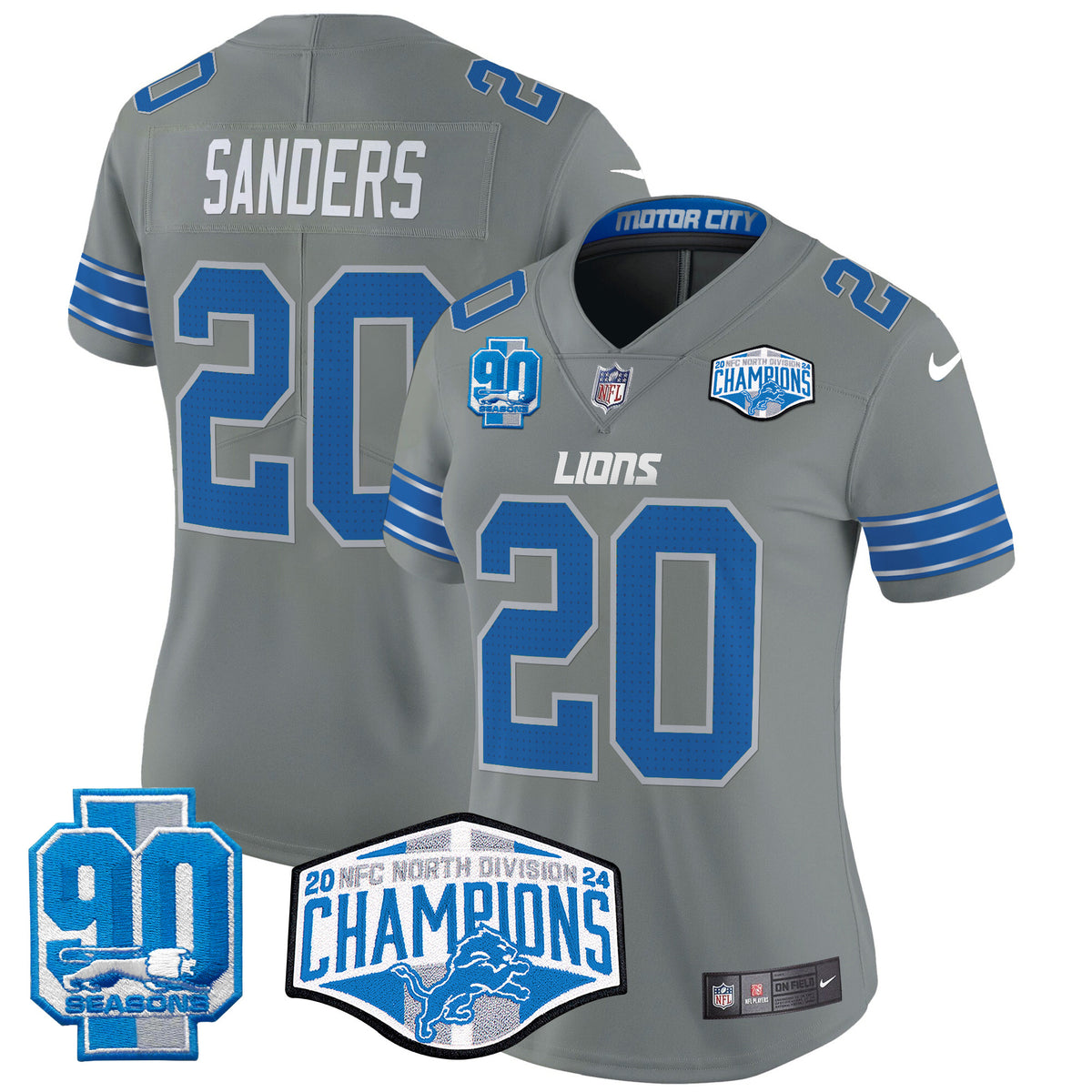 Women's Detroit Lions 2024 NFC North Division Champions Patch Vapor Limited Jersey - All Stitched - Gray - Barry Sanders — view 1