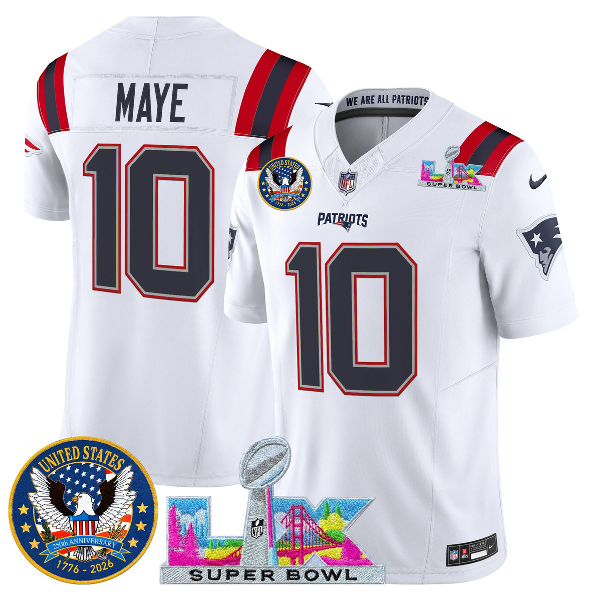 Men's New England Patriots Super Bowl LX & United States 250th Patch Vapor Limited Jersey - All Stitched - White - Drake Maye — view 1