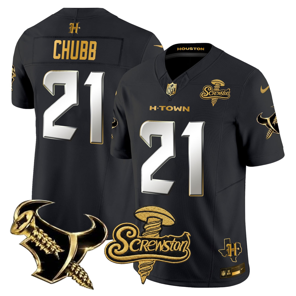 Men's Houston Texans DJ Screw Gold Vapor Limited Jersey - All Stitched - Black Limited - Nick Chubb — view 1