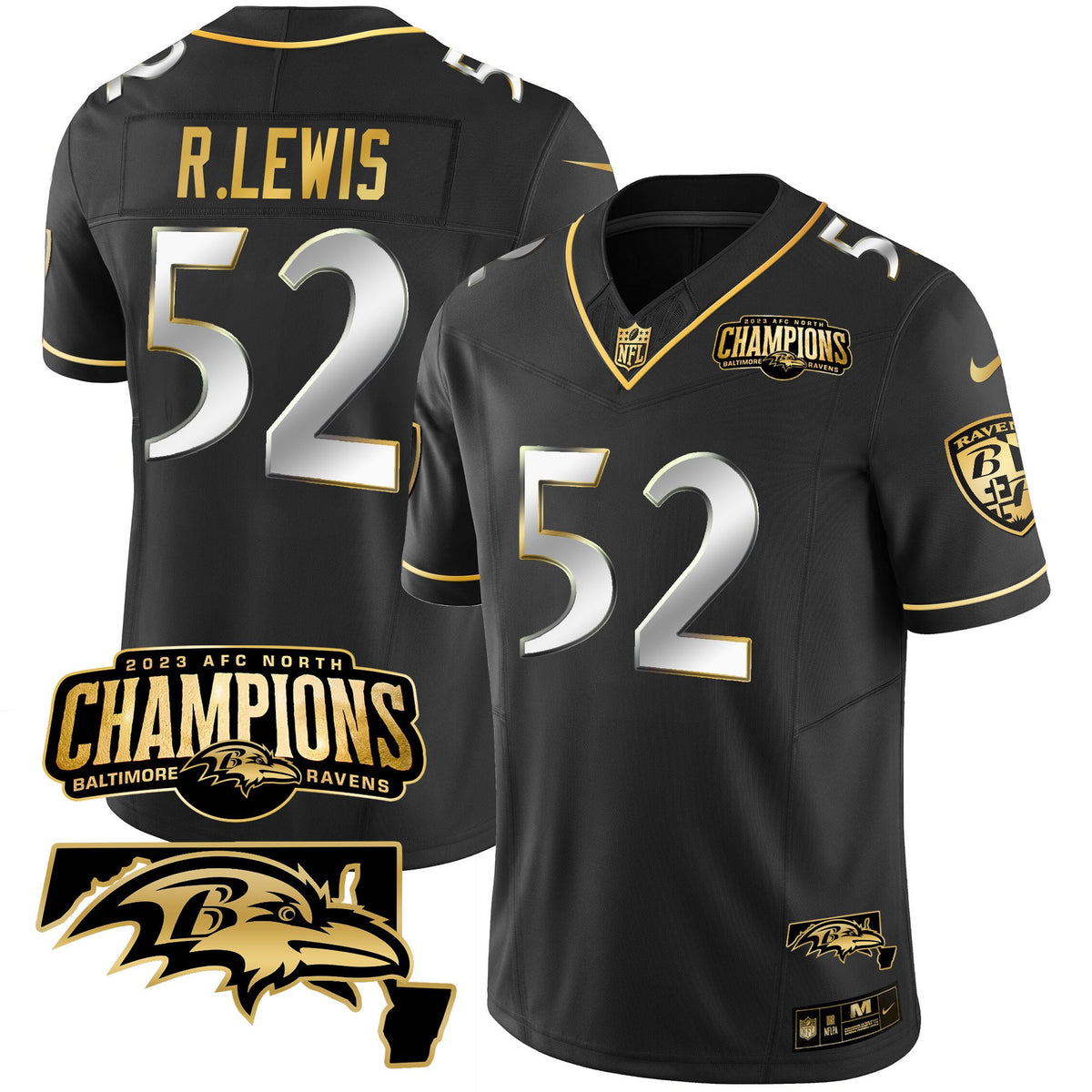 Men's Ravens 2023 AFC North Champions & Maryland Patch Gold Vapor Jersey - All Stitched - Black Limited - Ray Lewis — view 1