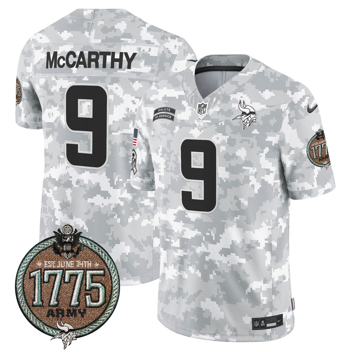Men's Vikings 2024 Salute to Service Establishment Year Patch Vapor Limited Jersey - All Stitched - Army - J.J. McCarthy — view 1