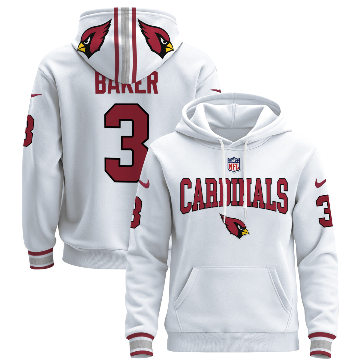 Men's Arizona Cardinals 2024 Pullover Hoodie V2 - All Stitched - White - Budda Baker — view 1