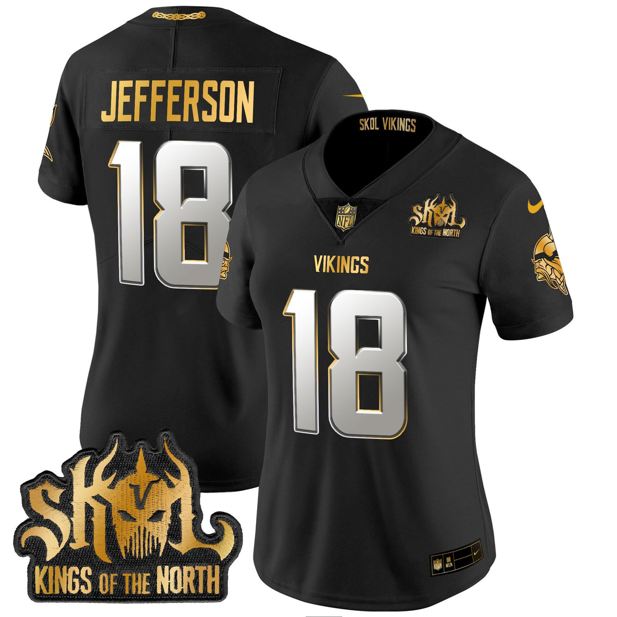 Women's Minnesota Vikings 2024 Winter Warrior Skol Patch Gold Vapor Limited Jersey - All Stitched - Black Limited - Justin Jefferson — view 1