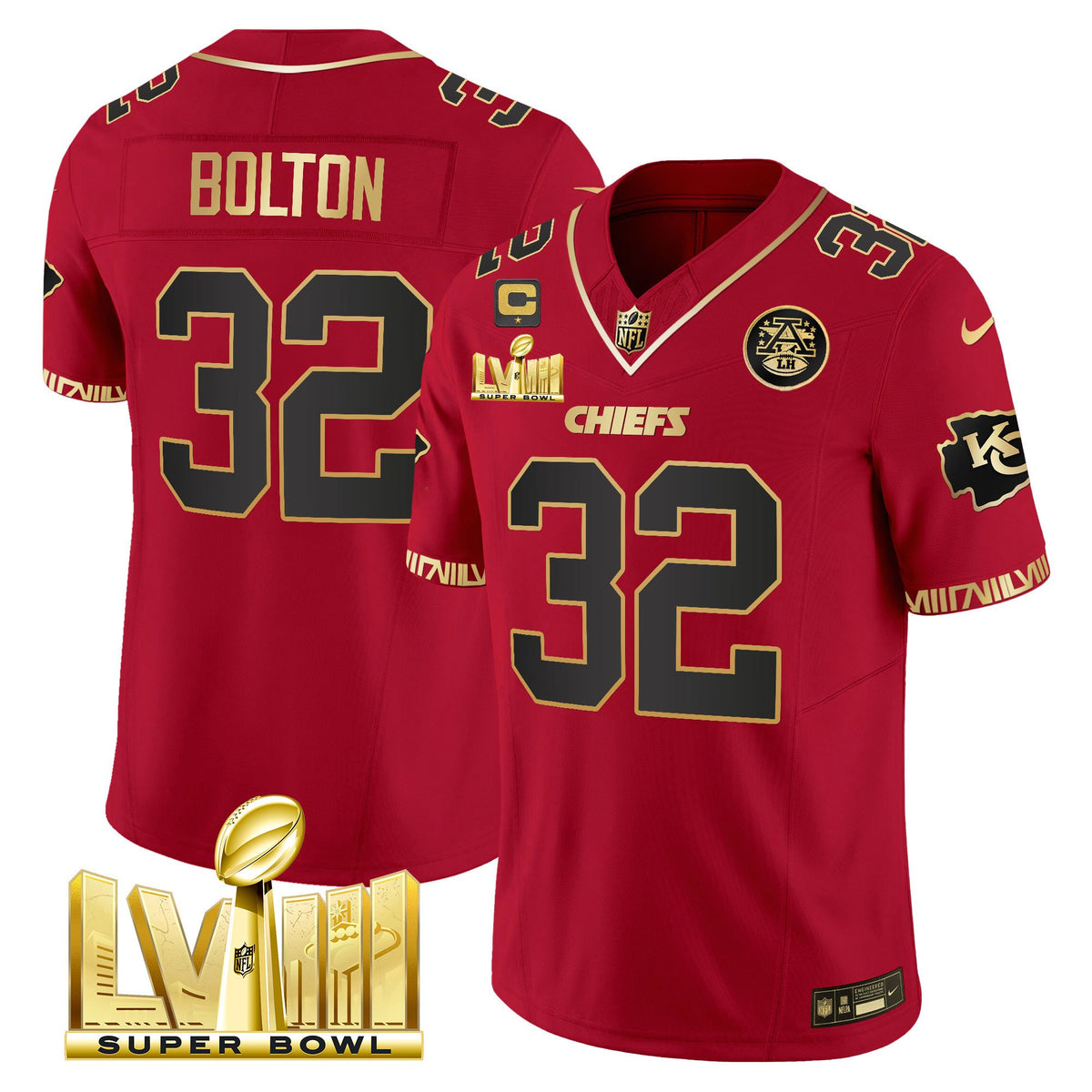 Men's Chiefs Super Bowl LVIII Pattern Gold Vapor Jersey - All Stitched - Red Gold - Nick Bolton — view 1