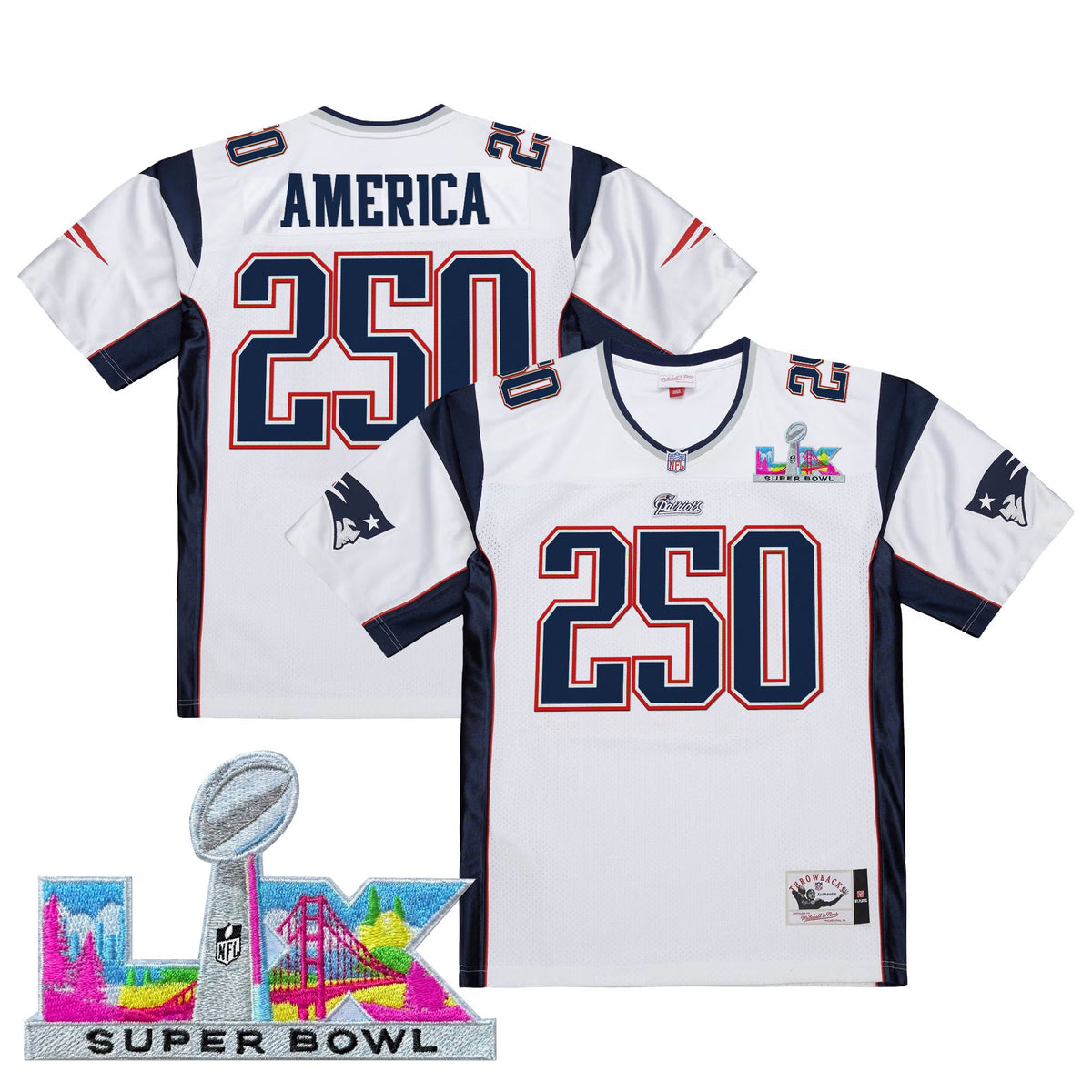 Men's New England Patriots Super Bowl LX Throwback Jersey - All Stitched - White - #250 America — view 1