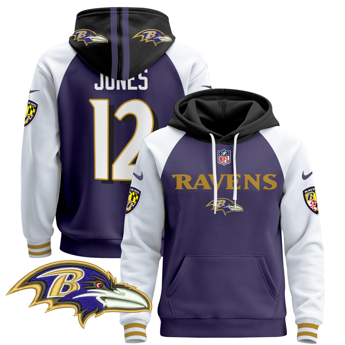 Men's Baltimore Ravens 2024 Pullover Hoodie V3 - All Stitched - Purple Alternate - Jacoby Jones — view 1