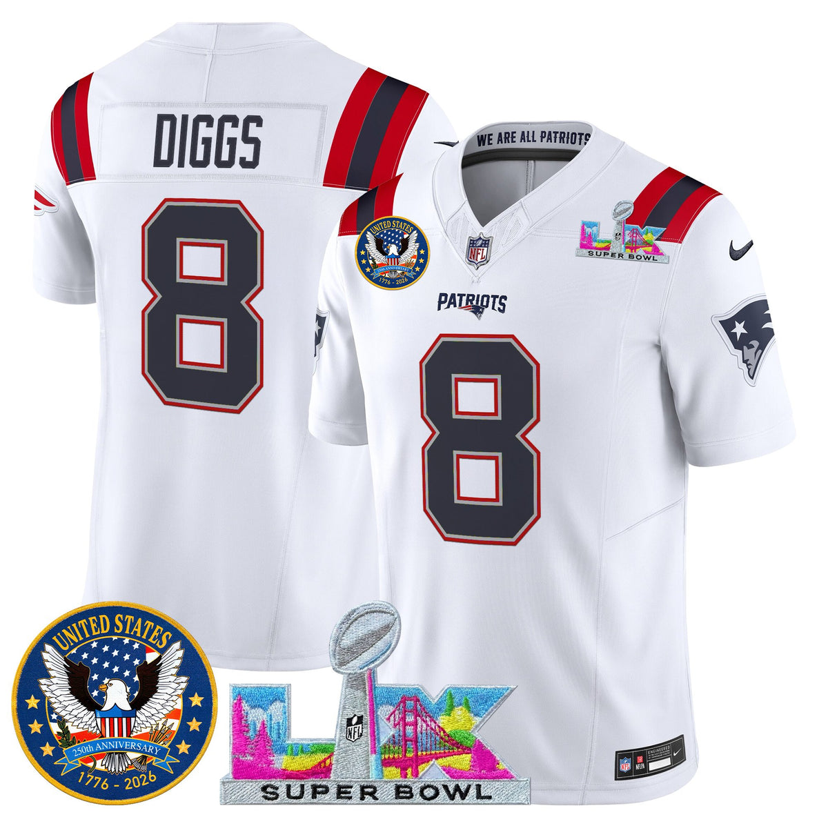 Men's New England Patriots Super Bowl LX & United States 250th Patch Vapor Limited Jersey - All Stitched - White - Stefon Diggs — view 1
