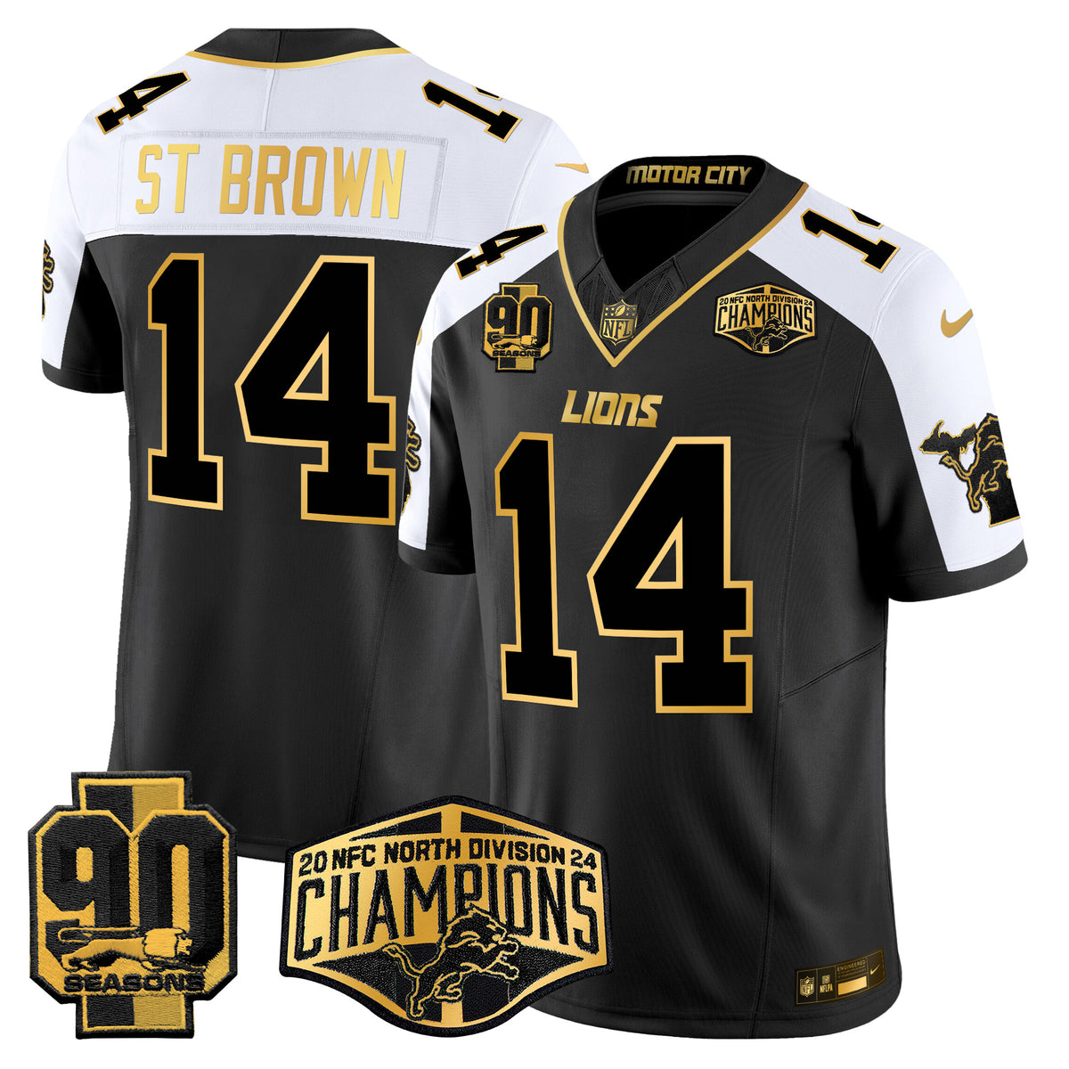 Men's Detroit Lions 2024 NFC North Division Champions Patch Gold Vapor Limited Jersey - All Stitched - Alternate - St. Brown — view 1