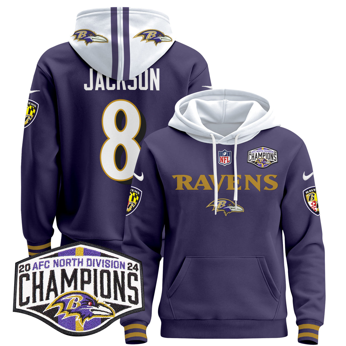 Men's Baltimore Ravens 2024 AFC North Division Champions Patch Pullover Hoodie - All Stitched - Purple - Lamar Jackson — view 1