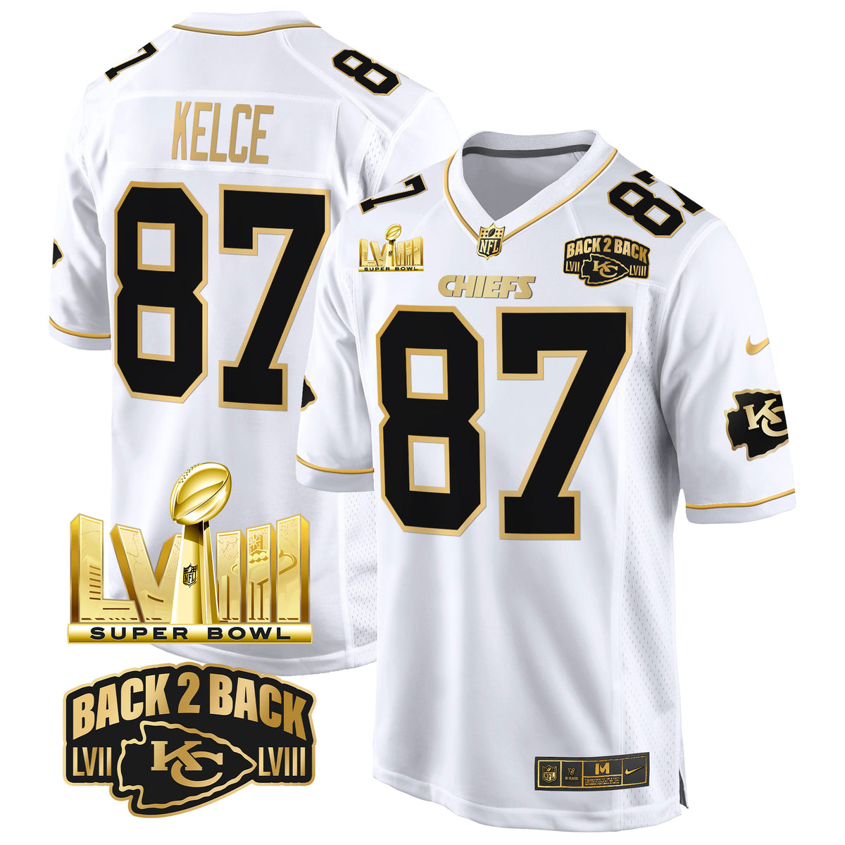 Men's Chiefs Super Bowl LVIII & Back 2 Back Gold Game Jersey - All Stitched - White Gold - Travis Kelce — view 1