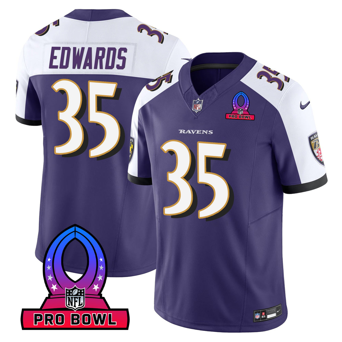 Men's Ravens 2024 Pro Bowl Patch Vapor Jersey - All Stitched - Purple Alternate - Gus Edwards — view 1