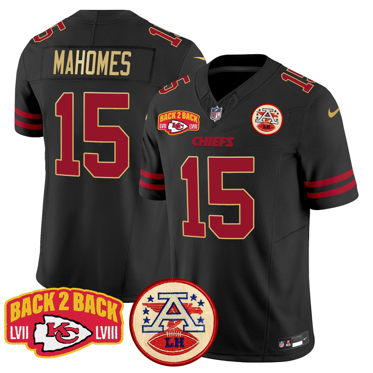 Men's Chiefs Super Back 2 Back Patch Vapor Limited Jersey - All Stitched - Gold Trim - Patrick Mahomes — view 1