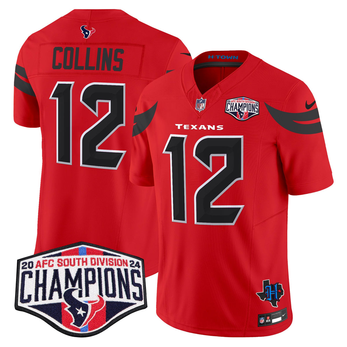Men's Houston Texans 2024 AFC South Division Champions Patch Vapor Limited Jersey - All Stitched - Red - Nico Collins — view 1