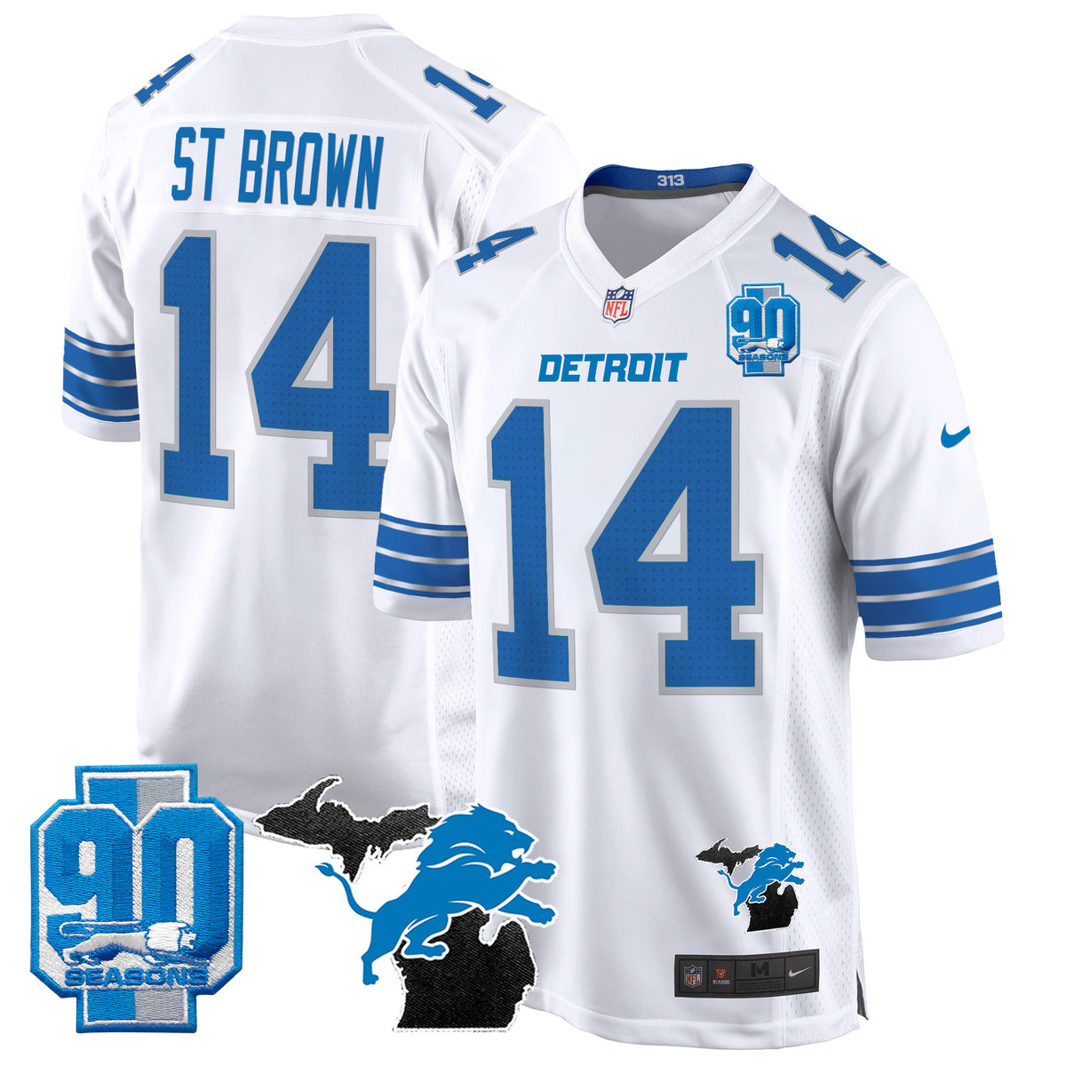 Men's Detroit Lions 2024 Michigan & 90th Year Patch Game Jersey - All Stitched - White - St. Brown — view 1