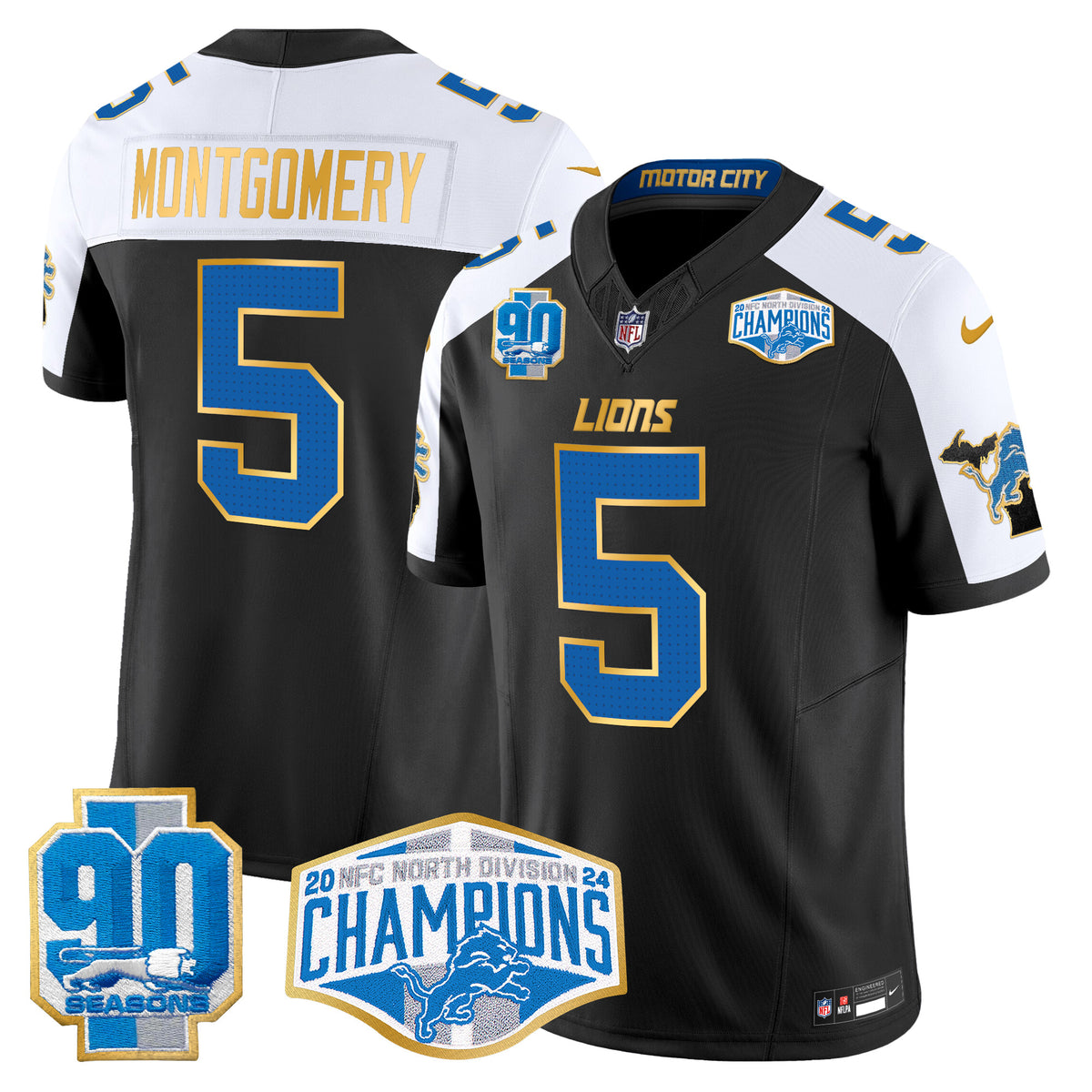 Men's Detroit Lions 2024 NFC North Division Champions Patch Gold Trim Vapor Limited Jersey - All Stitched - Black Alternate - David Montgomery — view 1