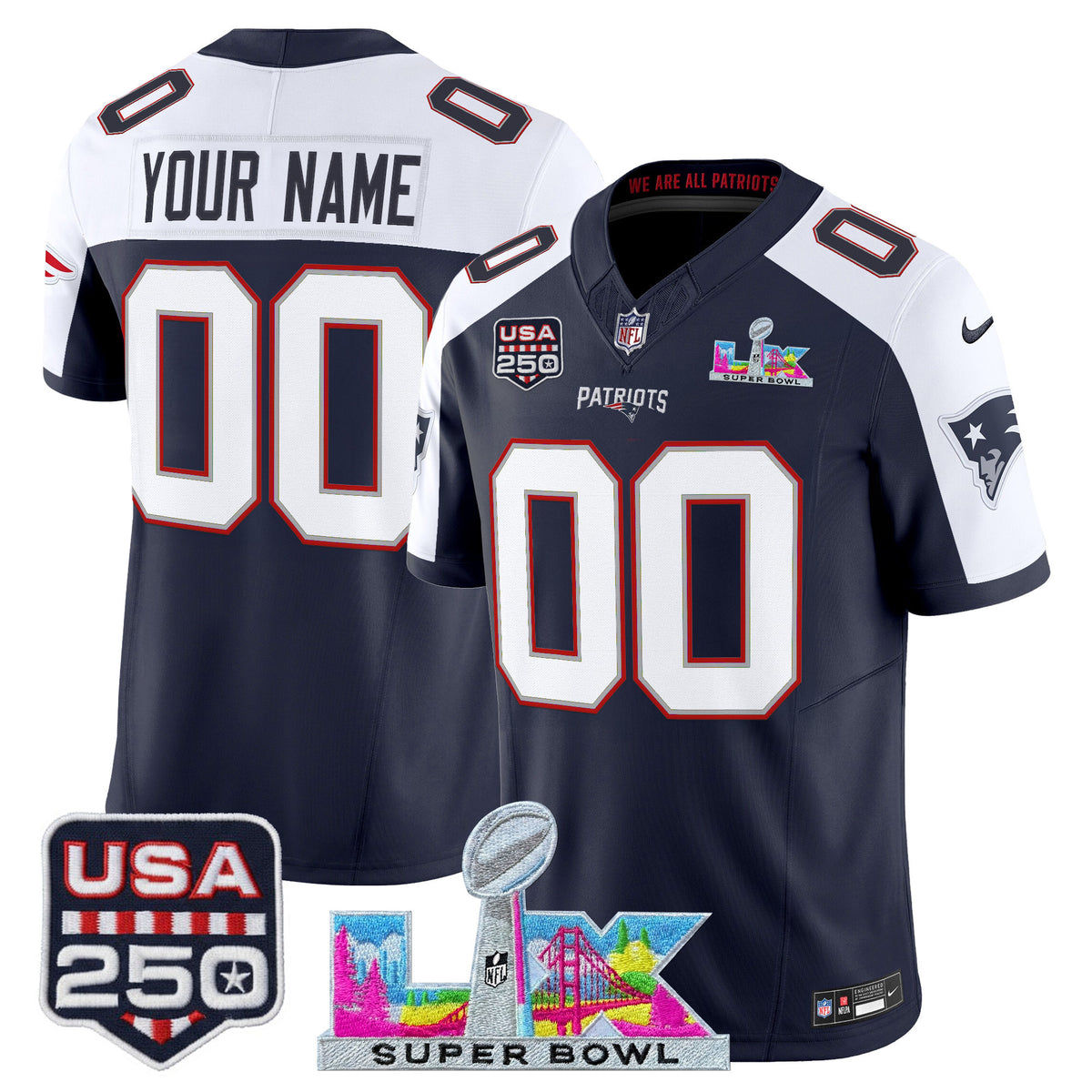 New England Patriots Super Bowl LX & United States 250th Anniversary Patch Vapor Limited Custom Jersey - All Stitched - Navy Alternate — view 1